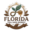 Logo for Florida Tea and Honey featuring a leaf, honey dipper, and leaves on a beige background.