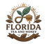 Logo for Florida Tea and Honey featuring a leaf, honey dipper, and leaves on a beige background.