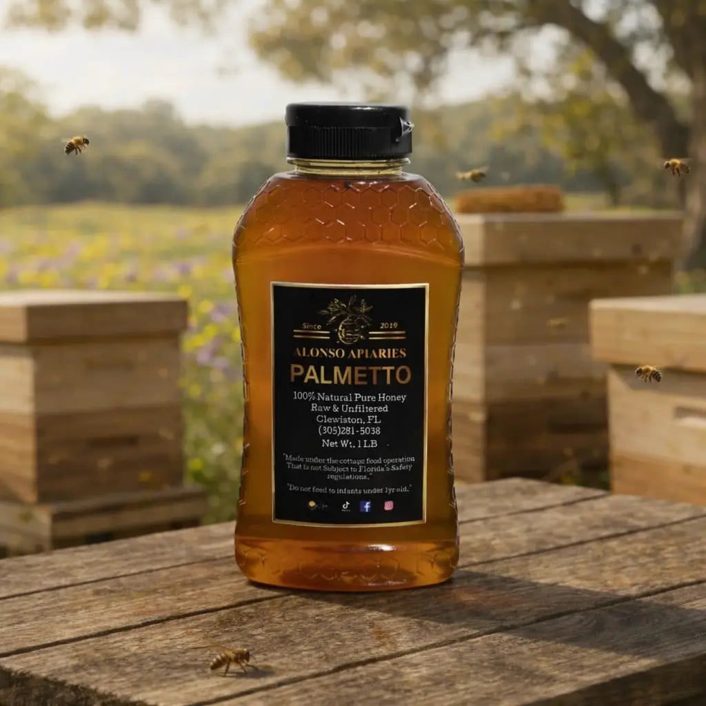 Bottle of Palmetto honey from Alonso Apiaries on a wooden surface with bee hives in the background.
